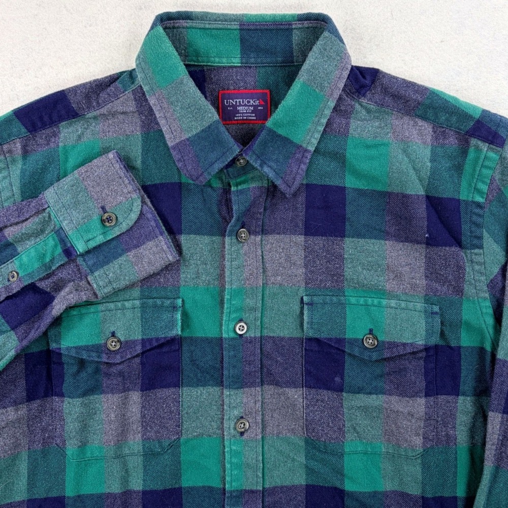 UNTUCKit Mens Medium Slim Fit Flannel Shirt Green Navy Blue Plaid Buffalo Check